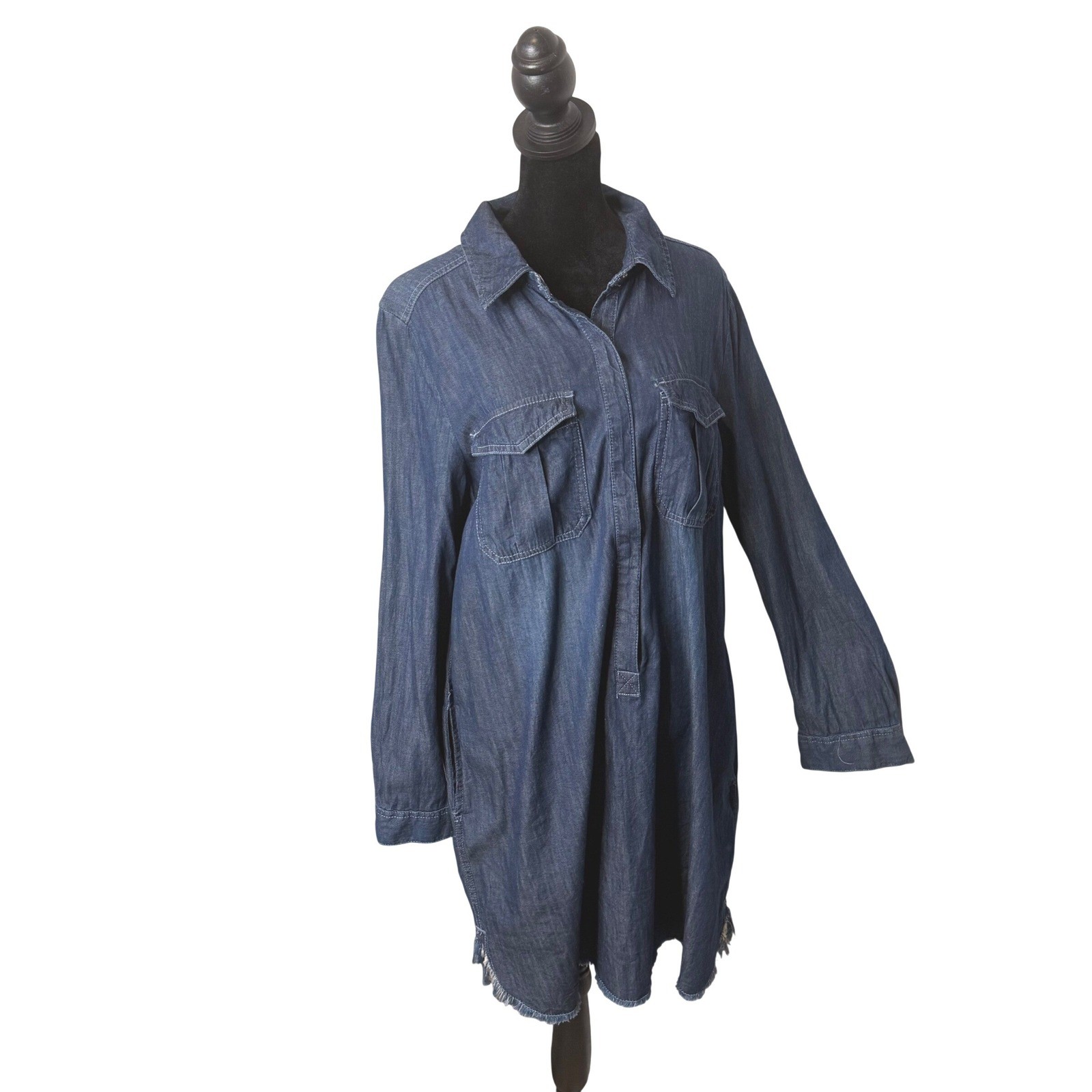 Womens Denim Chambray Shirt Dress L Blue Frayed Hem BOHO Western Tunic Casual
