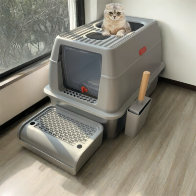 Large Stainless Steel Cat Litter Box Anti-Leakage Easy Cleaning Litter Pan w/Lid