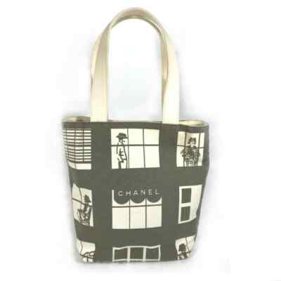 CHANEL Windows Line Canvas Tote Bag Gray x White Women | eBay