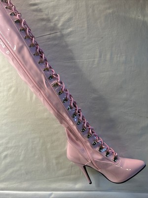 Pleaser Thigh High D-Ring Lace Up Zipper Stiletto Pink Patent Leather W Size 8