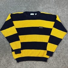 Vintage Izod Sweater Mens Large Blue Yellow Striped Chunky Cable Knit Crewneck