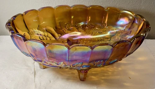 VINTAGE Indiana Glass Large Bowl Grapes AMBER Iridescent CARNIVAL  Glass Footed