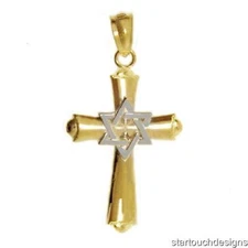 New 14k Two Tone Gold Cross With Star Of David Pendant