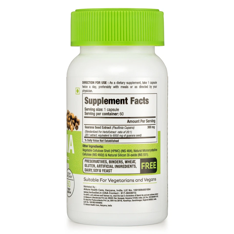 Extracto de Guaraná Vegetal 300mg Cápsulas Potenciador de Energía Natural Estimulante Pérdida de Peso Foto 2 de 4