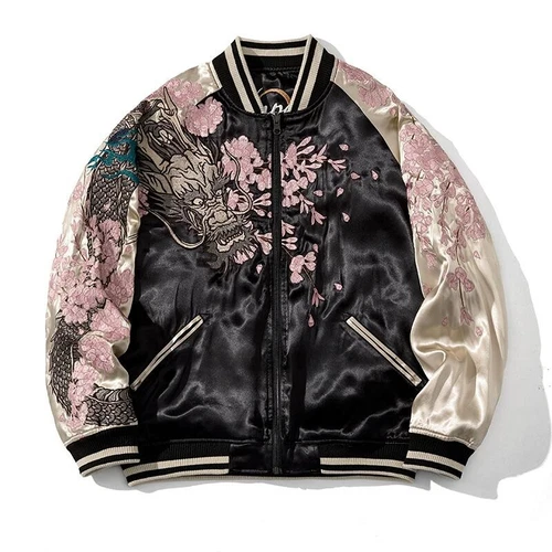 Men Souvenir Jacket Japanese Pattern Embroidery Dragon Sakura Reversible Sukajan - Picture 2 of 10