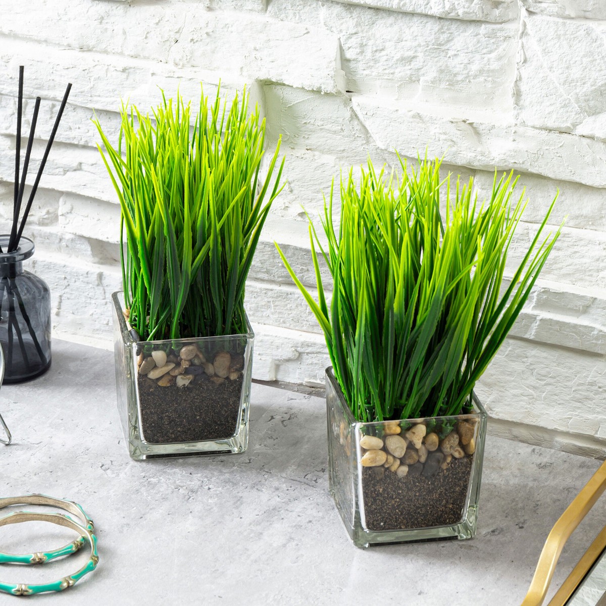 Decorative Potted Greenery Plant in Tabletop Planter Artificial Grass, Set  of 2