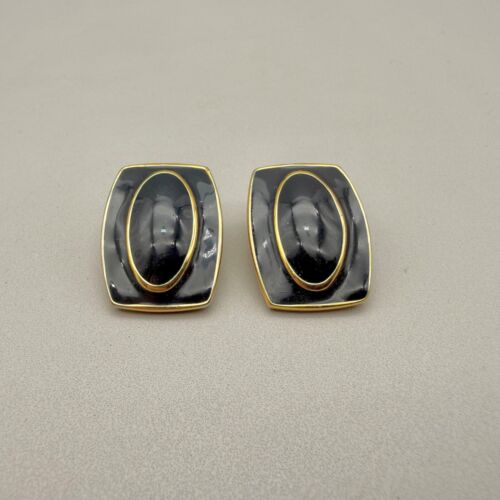 Vintage Monet Earrings Clip On NAVY BLUE Gold Tone Classy Preppy Rectangle Studs - Picture 4 of 20