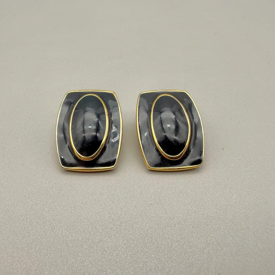 Винтажные серьги-клипсы Monet темно-синие золотистые стильные опрятные прямоугольные запонки - Изображение 4 из 4