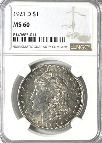 1921 D $1 Morgan Silver One Dollar NGC MS60 Denver Rainbow Toned