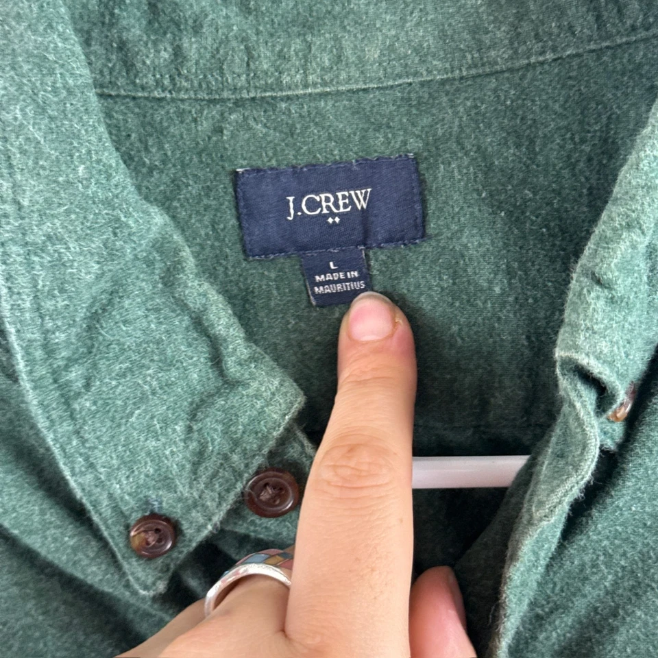 J Crew Shirt Mens LG Green Long Sleeve Button Down Elbow Patches Flannel Cotton - Image 4 of 4