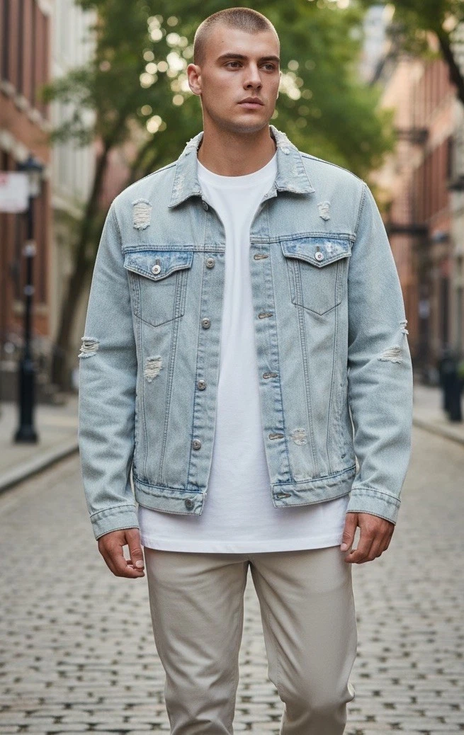 Brooklyn Cloth Sz L Distressed Light Blue Denim Jacket