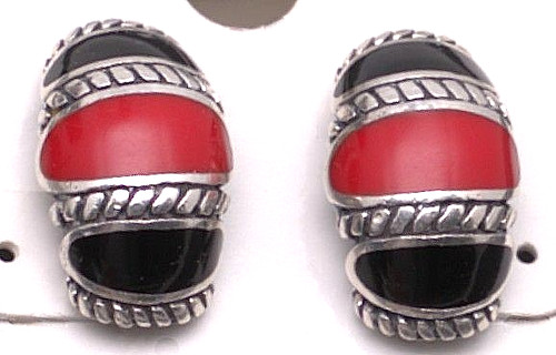 SK Sterling Silver Half Loop Earrings with Inlaid Coral & Black Onyx