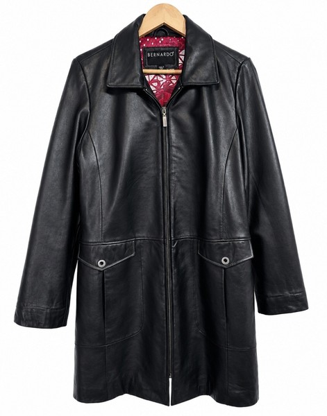 Bernado Leather Jacket M 12 Black Retro Style Lining Pockets Longline Coat