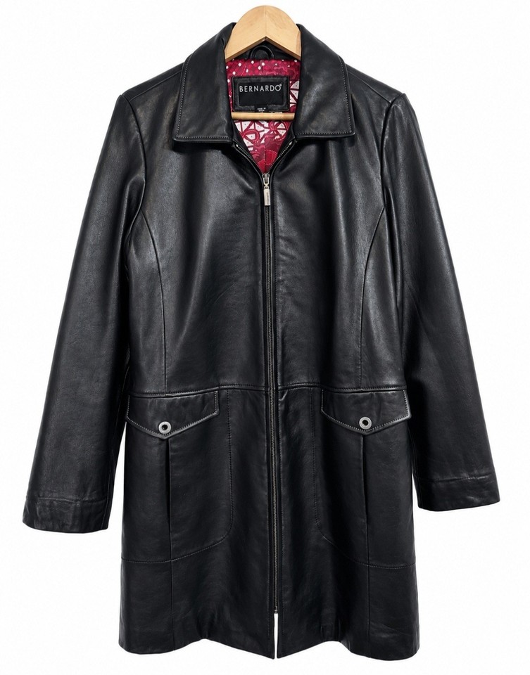 Bernado Leather Jacket M 12 Black Retro Style Lining Pockets Longline Coat