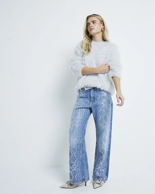 River Island Womens Straight Jeans Petite Blue Relaxed Snake Trousers Bottoms