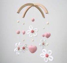 Pink Baby Girl Crib Mobile Handmade Crochet Flower Felt Heart Nursery Dec...