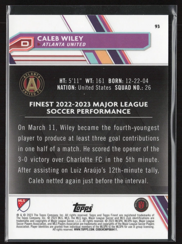 2023 TOPPS FINEST MLS CALEB WILEY BLACK REFRACTOR 1/10 - Image 2 of 4