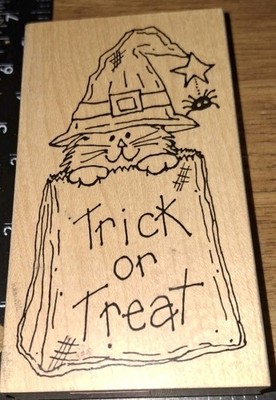 rubber stamp HALLOWEEN WITCH CAT IN BAG the Rubbernecker,used Bask400