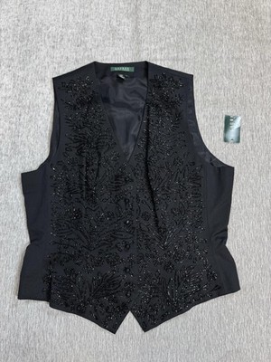 Lauren Ralph Lauren Vest Womens 14 Black Beaded Floral Tuxedo Suit Formal Dress