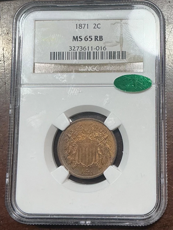 NGC MS65RB CAC 1871  TWO CENT PIECE VERY CHOICE EYE APPEAL - Image 3 of 3