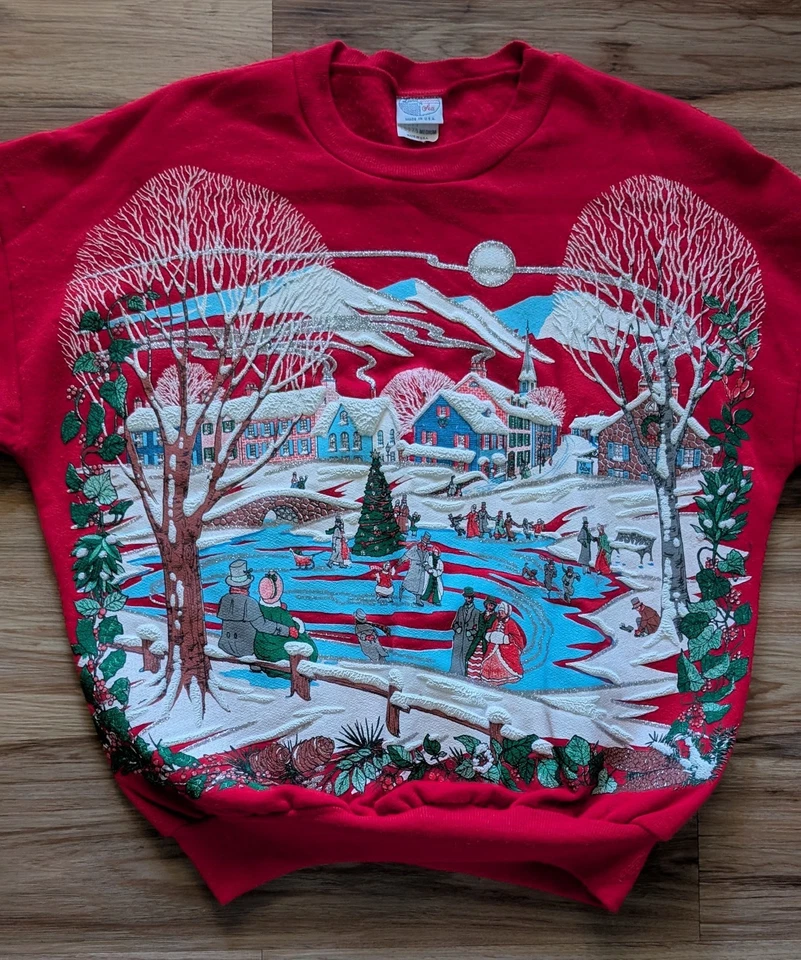 Vintage Christmas Sweatshirt Womens M Red Holiday Village Winter Wonderland Snow - Image 3 of 4