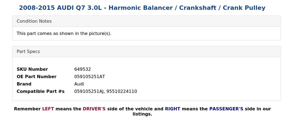 AUDI Q7 2008-2015 3,0 L - Equilibrador armónico / Cigüeñal / Polea de manivela Foto 3 de 4
