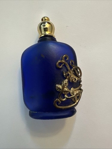 Vintage Cobalt Blue Frosted Perfume Bottle W/ Gold Vine 2 1/2" Tall EUC - Picture 6 of 10