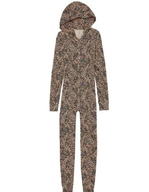 Victoria's Secret PINK One Piece Thermal Hoodie Sleep Pajama Leopard Print Med