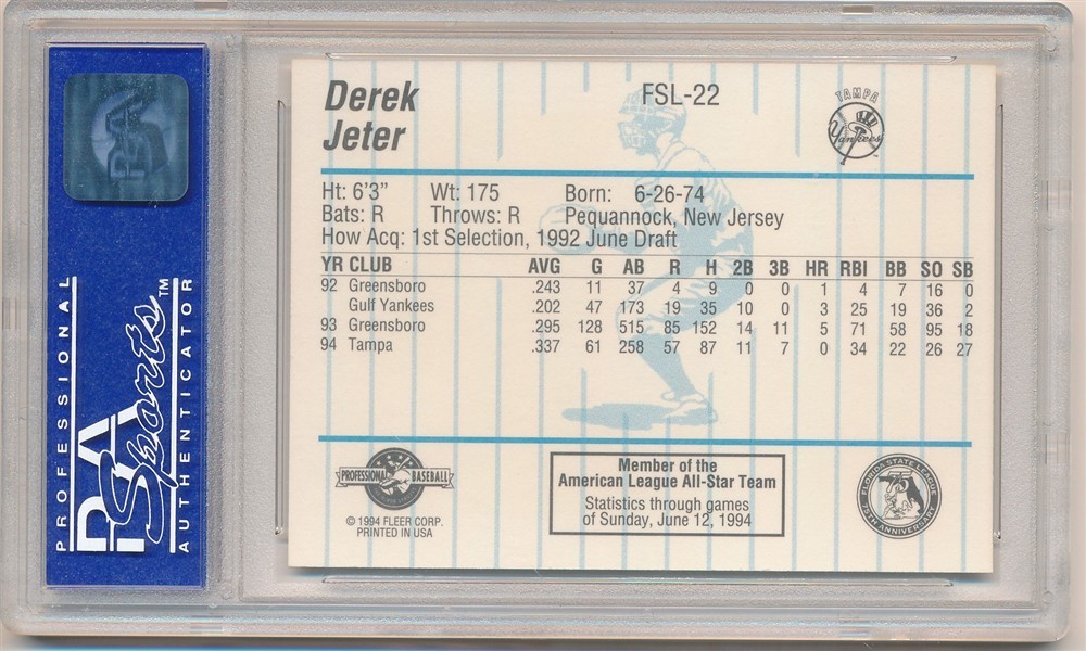 DEREK JETER 1994 FLEER PROCARDS ALL STARS #22 RC ROOKIE YANKEES PSA 9 MINT view 2
