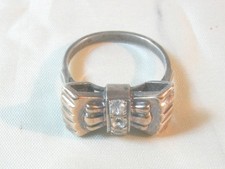 Bague TANK Ancienne - ARGENT / OR - Pierres Blanches - TD 52 - ART DECO