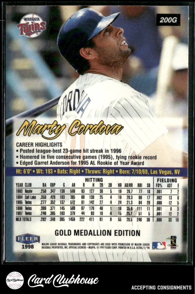 1998 Ultra Gold Medallion #200G Marty Cordova - Image 2 of 2