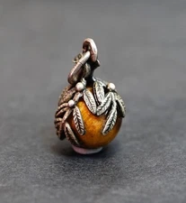 Antique Silver Tiger Eye Ball Gemstone Berry Motif Pocket Watch Fob Pendant