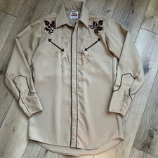 Vintage Miller Shirt Men 15-35 Pearl Snap-up Western Embroidery Brown Polyester