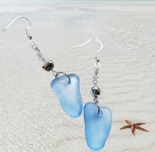 blue sea glass dangle earrings - Picture 2 of 3