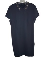 Ann Taylor Navy Blue Jeweled Neckline Collar Dress Career Work Size 14 EUC