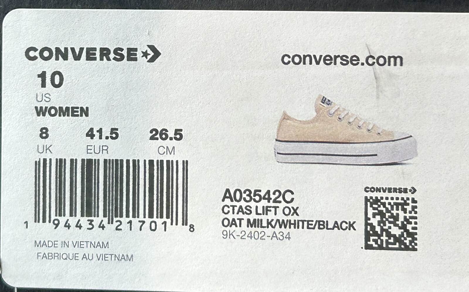 Converse CTAS Lift Ox Oat Milk White Black Shoes thumbnail 10