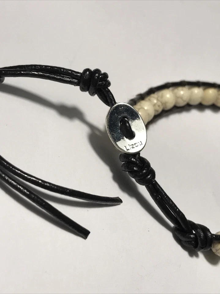 Lizou Semi Precious Beaded Leather Wrap Bracelet Adj. 7” 8” 9” Off-White Howlite - Image 3 of 4