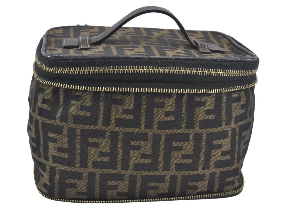 Authentic FENDI Zucca Vanity Bag Pouch Canvas Leather Brown L1248