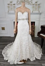 Unbranded White Fit n' Flare Rhinestone Belt Sweetheart Lace Wedding Dress sz 14