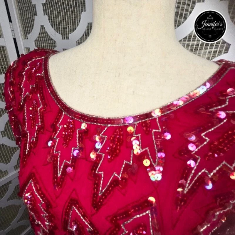 Scala Vintage 80's Red 100% Silk Sequin and Beaded Leaf Handkerchief Hem Dress - Image 4 of 4
