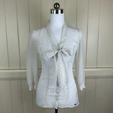 Guess Blouse Women's Size XS White/Black Spot Sheer 3/4 Sleeves Buttons Work