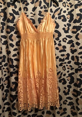 BCBG Max Azria silk Cami DRESS - size L - peachy orange Smocked Empire eyelet