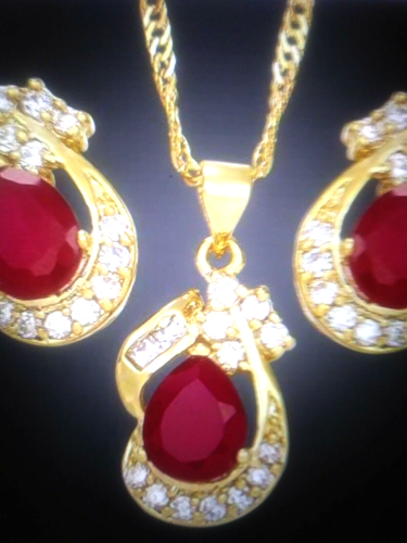 14K YELLOW GOLD CLAD LAB CREATED  RUBY & DIAMOND EARRINGS & NECKLACE  + BONUS - Picture 1 of 11