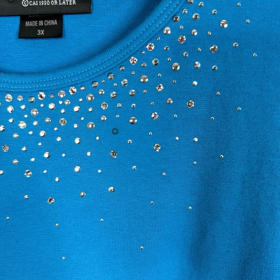 Camiseta Top Christine Alexander Mujer 3X Azul Adornado Básico Estrás Foto 3 de 4