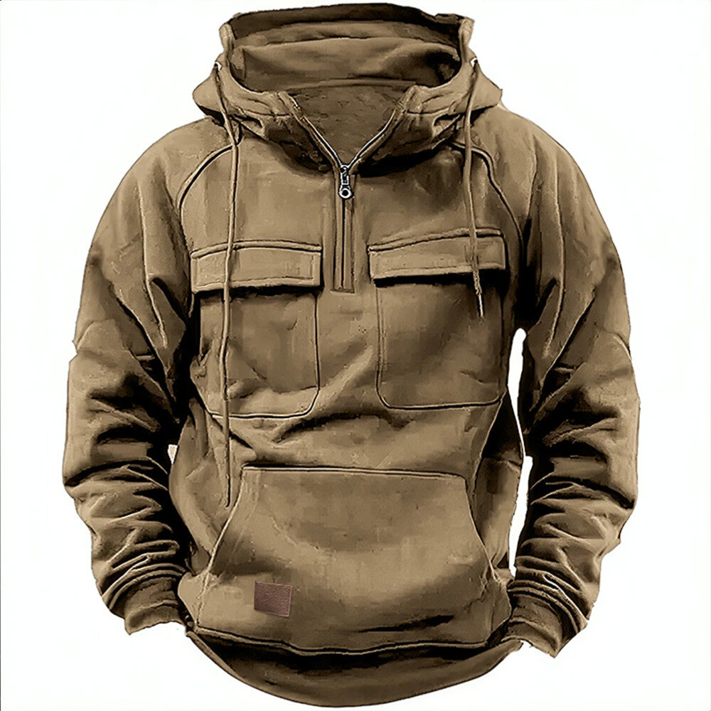 Men's Fall Quarter Zip Tactical Hooded Sweatshirt Multi Pockets Jacket