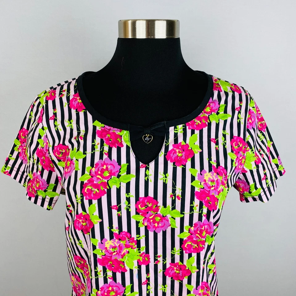 Betsey Johnson женская маленькая S хлопковая смесь причудливая полоса цветочный скраб униформа - Изображение 2 из 4