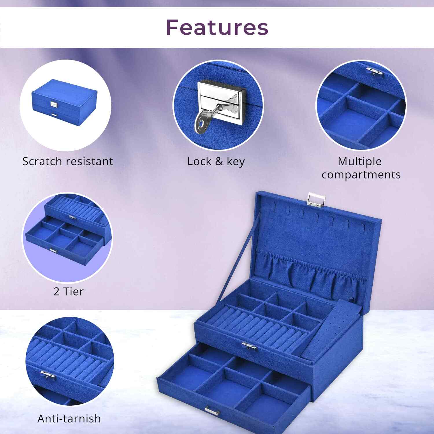 Blue Velvet 2 Tier Anti Tarnish Scratch Resistant Jewelry Box with Lock