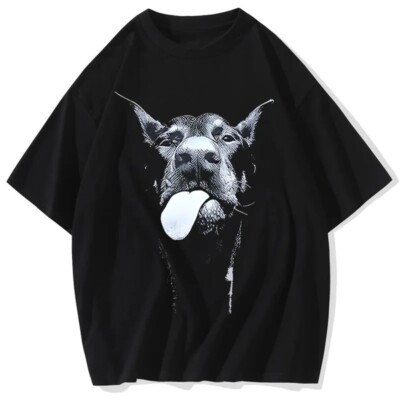 り*ご様 JIMBEAR PRINT T BLACK Relaxed Fit Cotton T-Shirt With Doberman Dog Pirnted