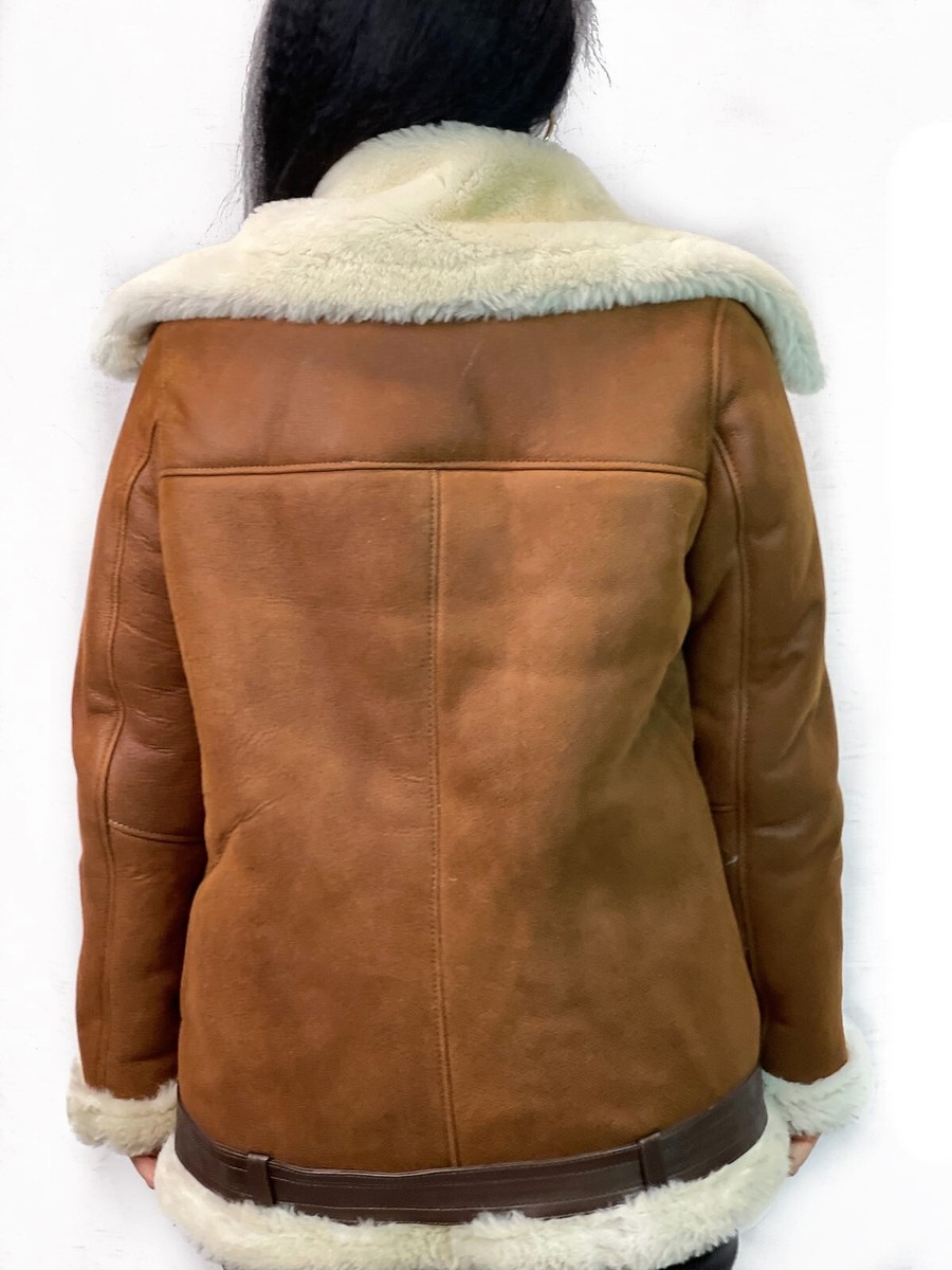 COGNAC WOMEN GENUINE SHEEPSKIN SHEARLING LEATHER COAT JACKET