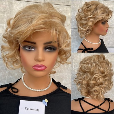 Short Fluffy Curly Blonde Mix Human Hair Blend Heat Ok Wigs Women Natural Soft